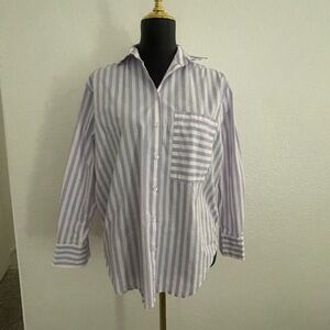 AYR "The Deep End" button-down shirt in a lilac and white stripe pattern.